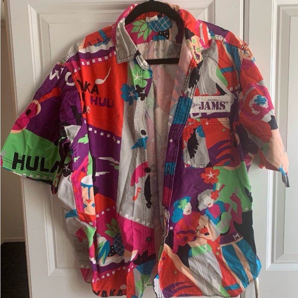 Original Surfer Line JAMS 1980’s  Hawaiian Print Button-Up Shirt XL Hawaiian